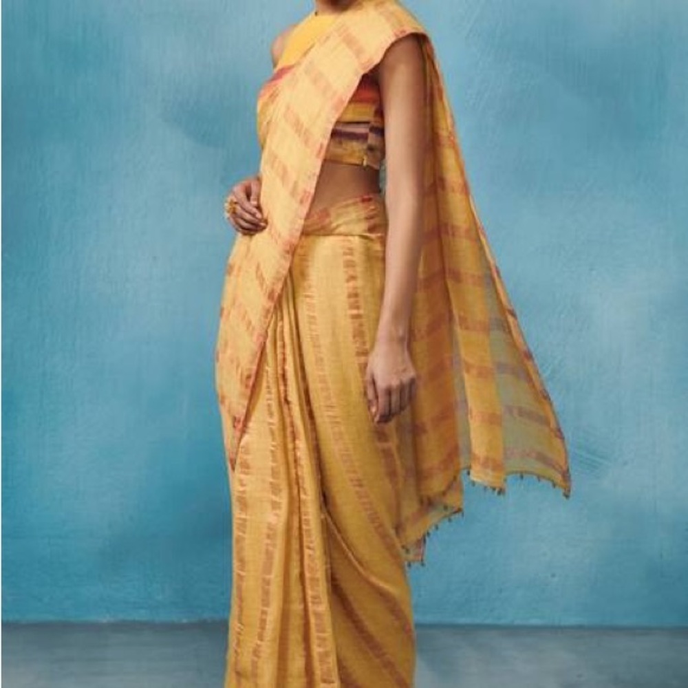 Yellow and Orange Striped Saree with Top